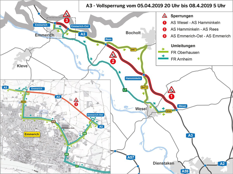 A3 Bundesautobahn Emmerich Wesel Hamminkeln Rees Oberhausen Umleitungen